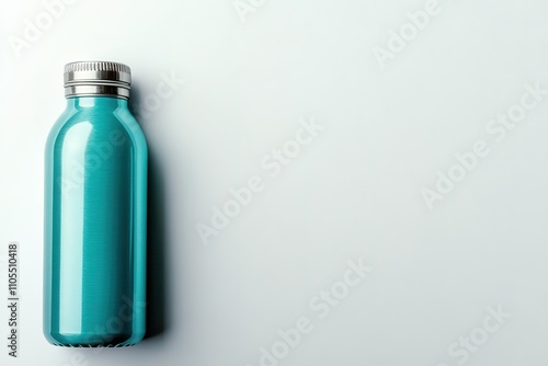 Minimal teal bottle on white with copy space