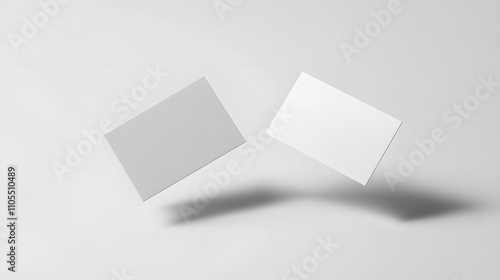 Two blank business cards floating in mid-air with a shadow below them.