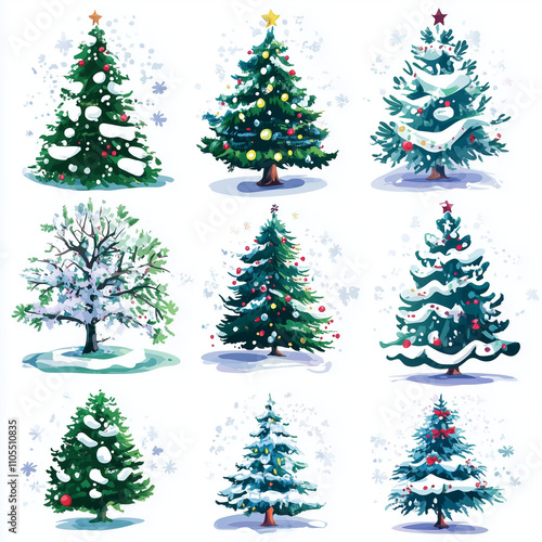 set of Christmas trees on a white background. Colorful vector art. 