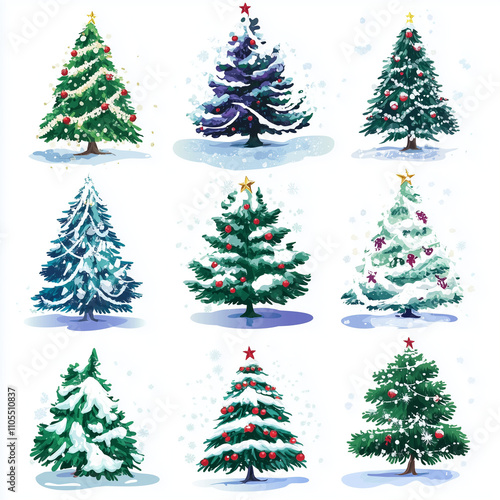 set of Christmas trees on a white background. Colorful vector art. 