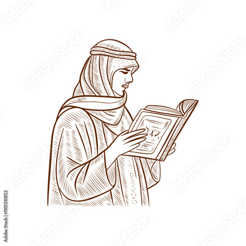 Vector Arabic man student male with book reading line art illustration, graphic line studying learning process. Education concept. Great for any designs, textile, art, walls, package