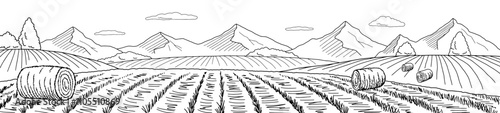 Autumn field hill graphic black white landscape sketch long illustration vector 
