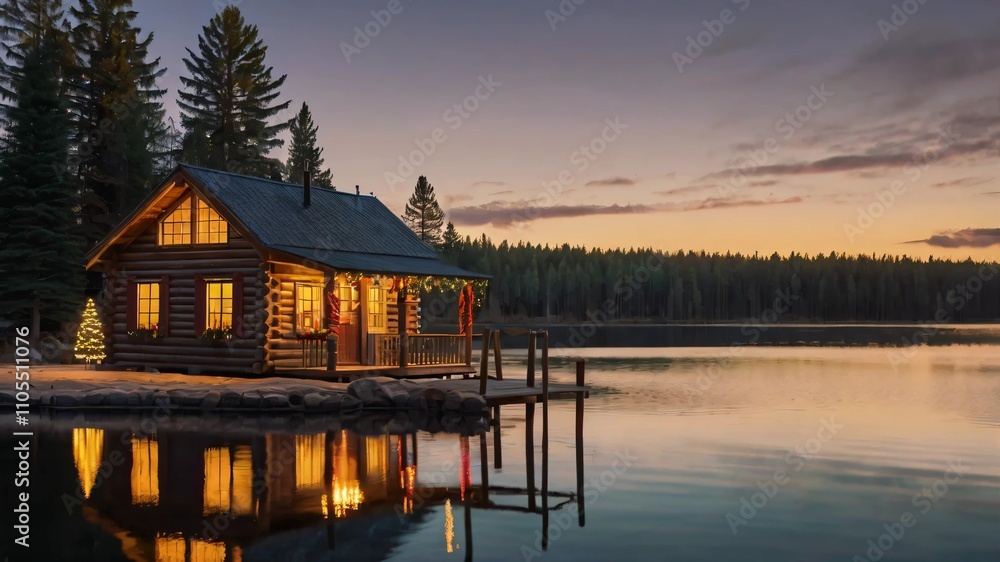 AI GENERATE, Christmas decor on a wooden cabin by a serene lake at sunset AI GENERATE, Christmas decor on a wooden cabin by a serene lake at sunset