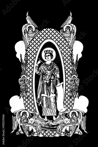 Saint Solomon. Illustration with angels and seraphim in heaven black and white in Byzantine style