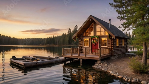 AI GENERATE, Christmas decor on a wooden cabin by a serene lake at sunset