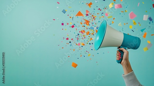 Blue and white megaphone releasing colorful confetti, symbolizing celebration and spreading messages dynamically photo