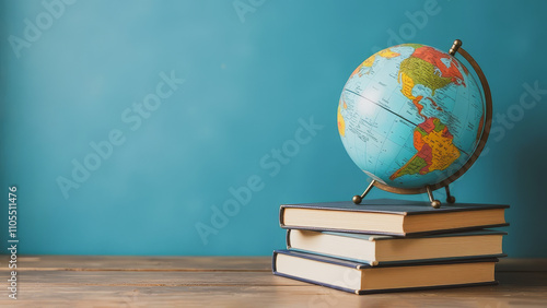 Stack of books on table and globe against blue wall. International Day of Education concept, copy space. World Book Day.