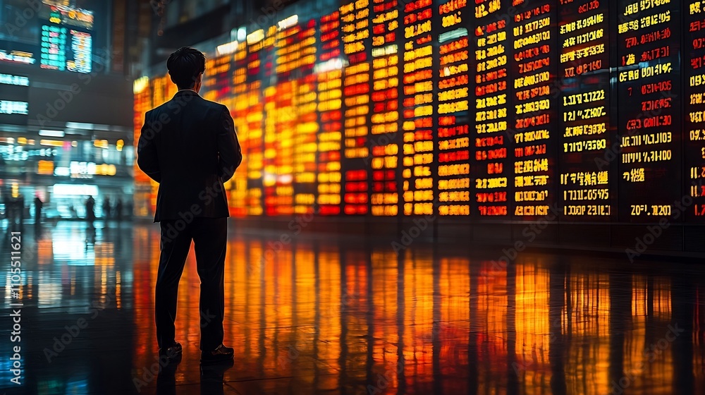 Focused Broker Standing in Front of Digital Wall of Trading Numbers Focused Broker Standing in Front of Digital Wall of Trading Numbers