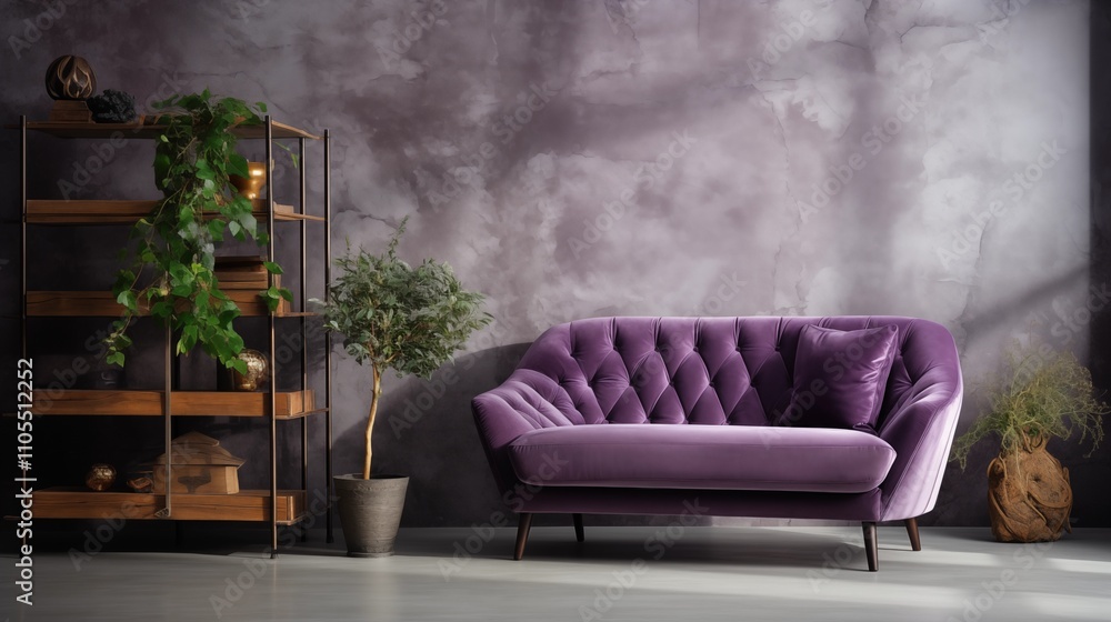 A chic, modern living room with a purple sofa and armchair set against a concrete wall. Clean, minimalist design for a bold yet cozy feel. A chic, modern living room with a purple sofa and armchair set against a concrete wall. Clean, minimalist design for a bold yet cozy feel.