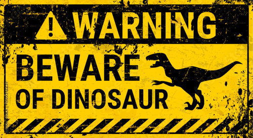 Dinosaur warning grunge metal sign board with vector silhouette of velociraptor, caution yellow tape and triangle symbol. Beware of dinosaur warning banner or sticker with roaring dino animal