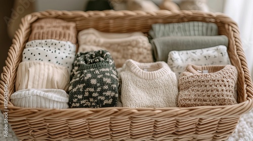 Baby Clothes Neatly Arranged In A Wicker Basket photo