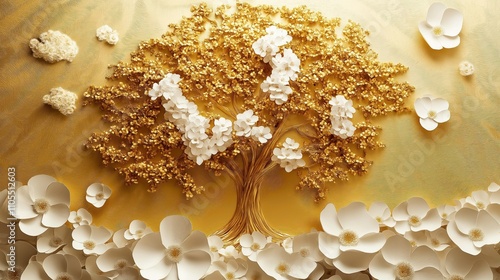 Golden tree with white flowers decorates gold background. Artistic design with 3d effect. Decorative tree, flowers create luxurious look. Elegant floral wallpaper. Luxurious golden tree stands out photo