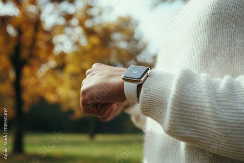 A person wearing a smartwatch on their left wrist, visible over the cuff of a cozy sweater, set against a soft-focus autumn landscape, symbolizing time and style. photo