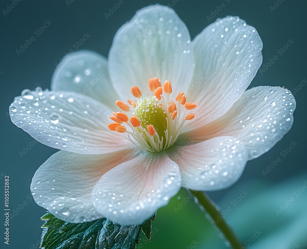 Fototapeta premium A small raindrop rests on a flower petal capturing delicate details and gentle light reflections