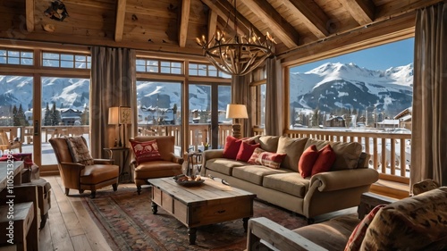 AI GENERATE, Festive decor on a ski resort lodge surrounded by snowy mountains