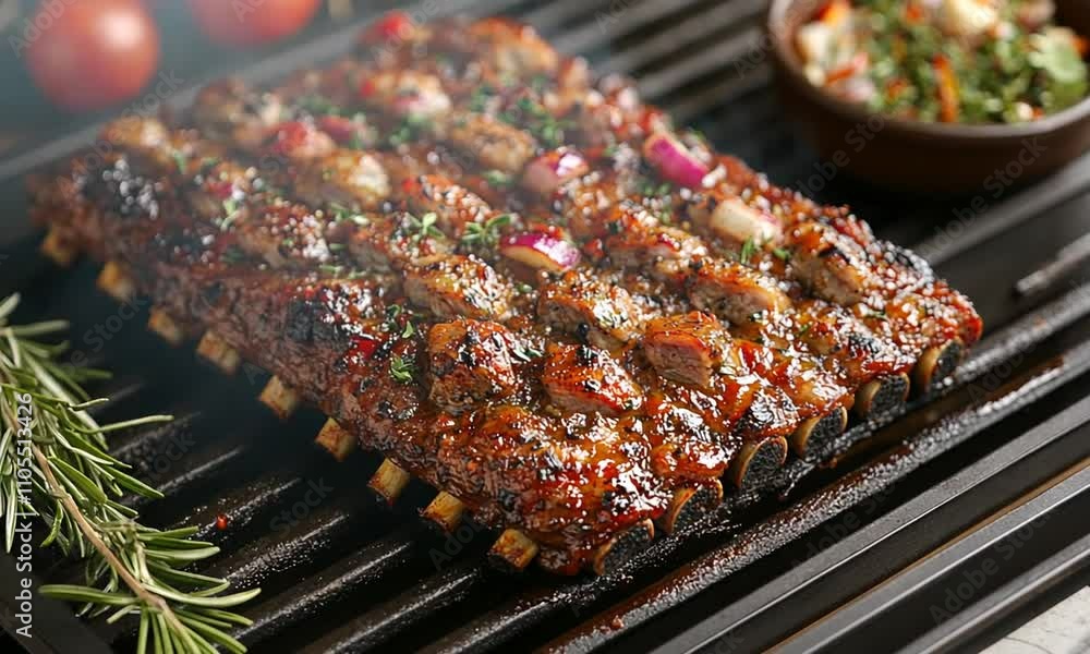 Grilled ribs glazed with sauce, garnished with herbs and spices. Grilled ribs glazed with sauce, garnished with herbs and spices.