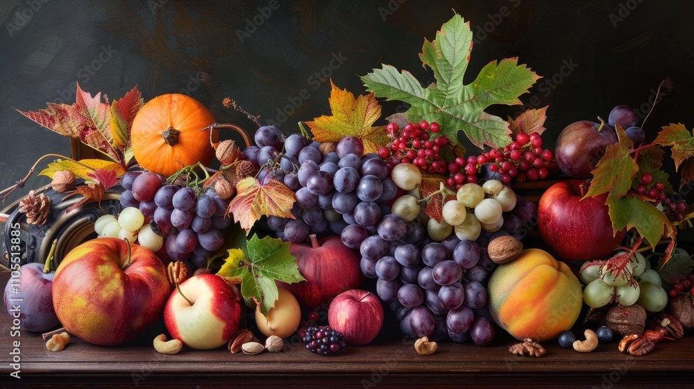 Abundance of seasonal fruits, grapes, and nuts in a fall arrangement. Abundance of seasonal fruits, grapes, and nuts in a fall arrangement.
