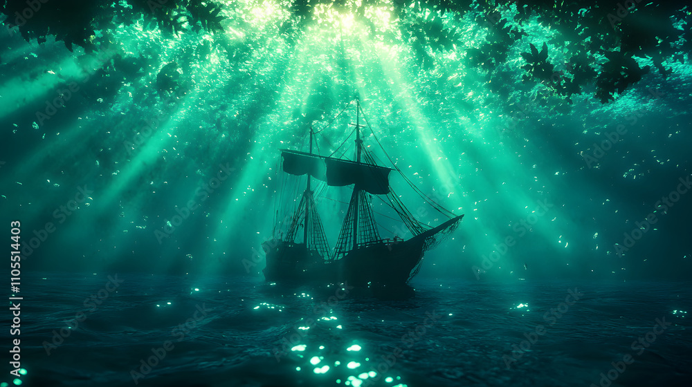 A mysterious ship sails through shimmering underwater rays of light, surrounded by an enchanting, deep-sea atmosphere A mysterious ship sails through shimmering underwater rays of light, surrounded by an enchanting, deep-sea atmosphere