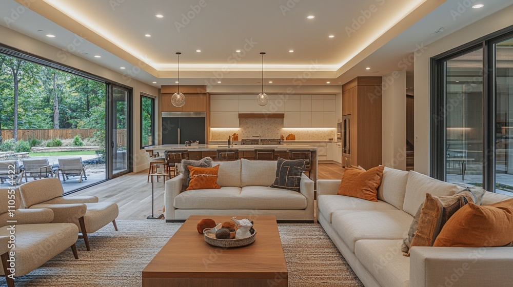 Fototapeta premium A modern minimalist home interior design with clean lines, sleek furniture, and neutral color palette, featuring an open-concept living space connected to a spacious kitchen, bathed in natural light 