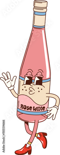 Cartoon groovy pink wine bottle character exudes funky vibe, waving joyfully in stylish shoes embodying playful and vintage feel for celebration. Isolated vector sparkling wine girlish retro personage