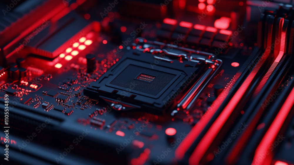 Close-up view of a circuit board illuminating in red light displaying advanced technology details Close-up view of a circuit board illuminating in red light displaying advanced technology details