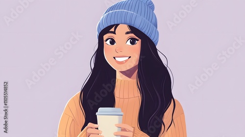 A girl with long black hair, wearing an oversized sweater and beanie, sipping coffee and smiling slightly