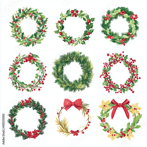 set of Christmas wreaths on a white background. Colorful vector art. 