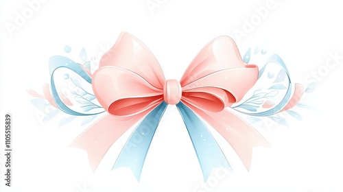 Cute pink bow clipart in a flat vector style, elegantly placed on a white background, perfect for festive or decorative themes.