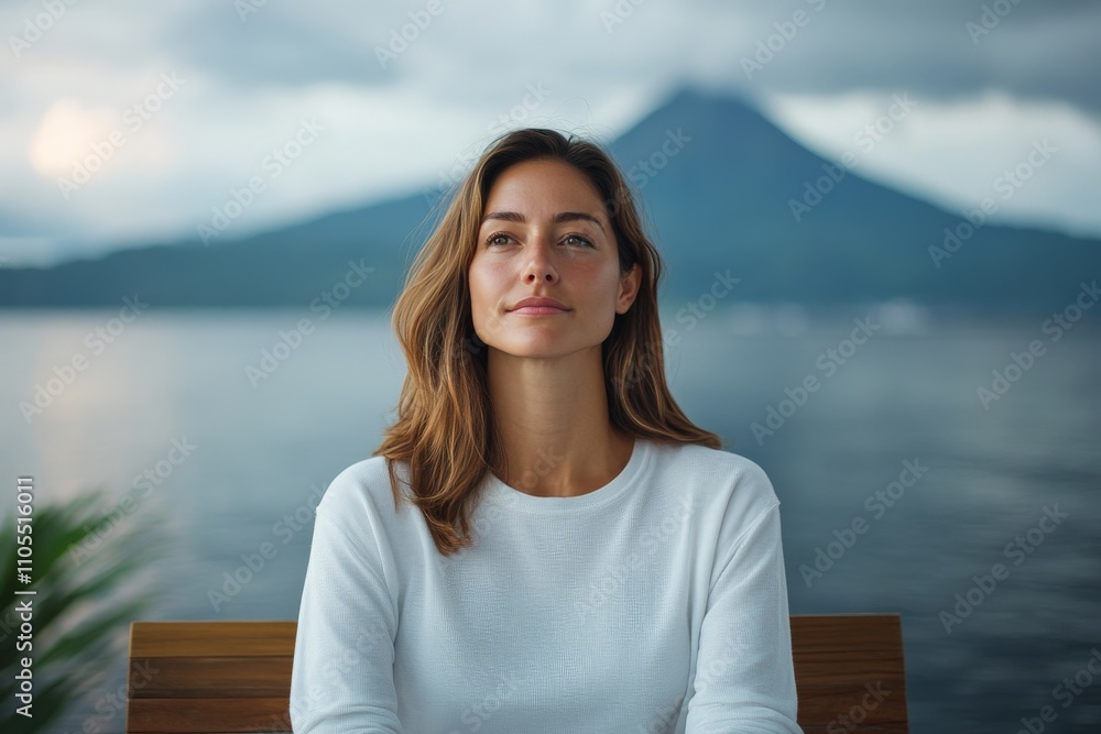 A serene scene featuring a woman relaxing by the sea, with a stunning mountain in the background, evoking a sense of peace and introspection amid a natural setting. A serene scene featuring a woman relaxing by the sea, with a stunning mountain in the background, evoking a sense of peace and introspection amid a natural setting.