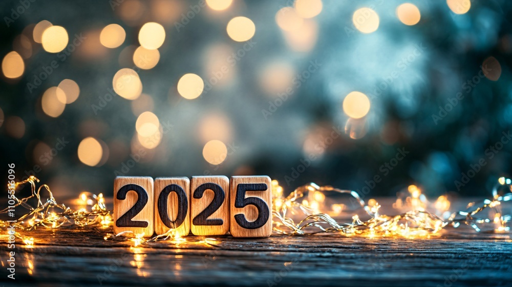 A charming card with ‘2025’ in wooden block letters, surrounded by glowing fairy lights on a rustic wooden table background A charming card with ‘2025’ in wooden block letters, surrounded by glowing fairy lights on a rustic wooden table background