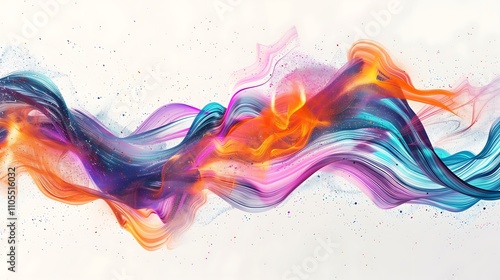 A digital wave of energy with vibrant colors and motion trails, floating on a white background