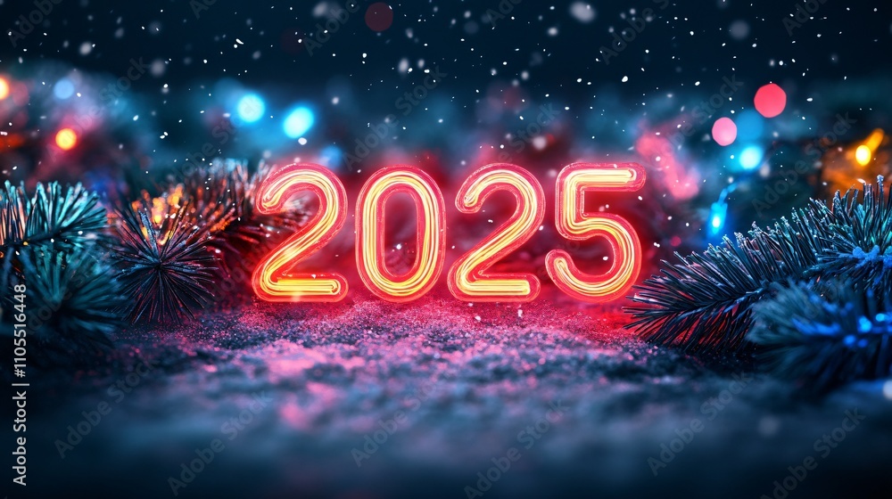 A festive card featuring ‘2025’ glowing in neon lights, set against a dark festive background with subtle snowflakes A festive card featuring ‘2025’ glowing in neon lights, set against a dark festive background with subtle snowflakes