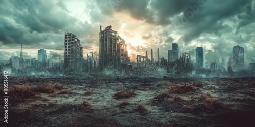 Fototapeta Naklejka Na Ścianę i Meble -  Post Apocalyptic Cityscape Ruins Destruction Overgrown Nature Dark Clouds Digital Art