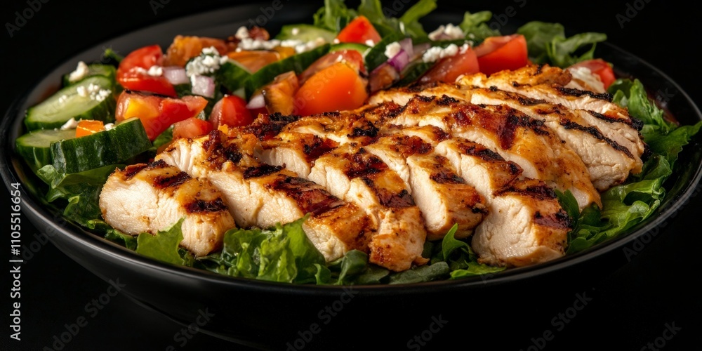 A mouth-watering gourmet presentation of a grilled chicken salad topped with vibrant, fresh vegetables and served on a bed of crisp greens, enticing with culinary flair. A mouth-watering gourmet presentation of a grilled chicken salad topped with vibrant, fresh vegetables and served on a bed of crisp greens, enticing with culinary flair.
