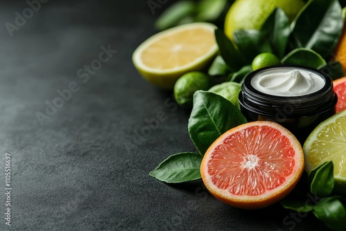 A visually appealing arrangement of fresh citrus fruits alongside a jar of cosmetic cream, illustrating the theme of natural beauty and freshness in skin care. photo