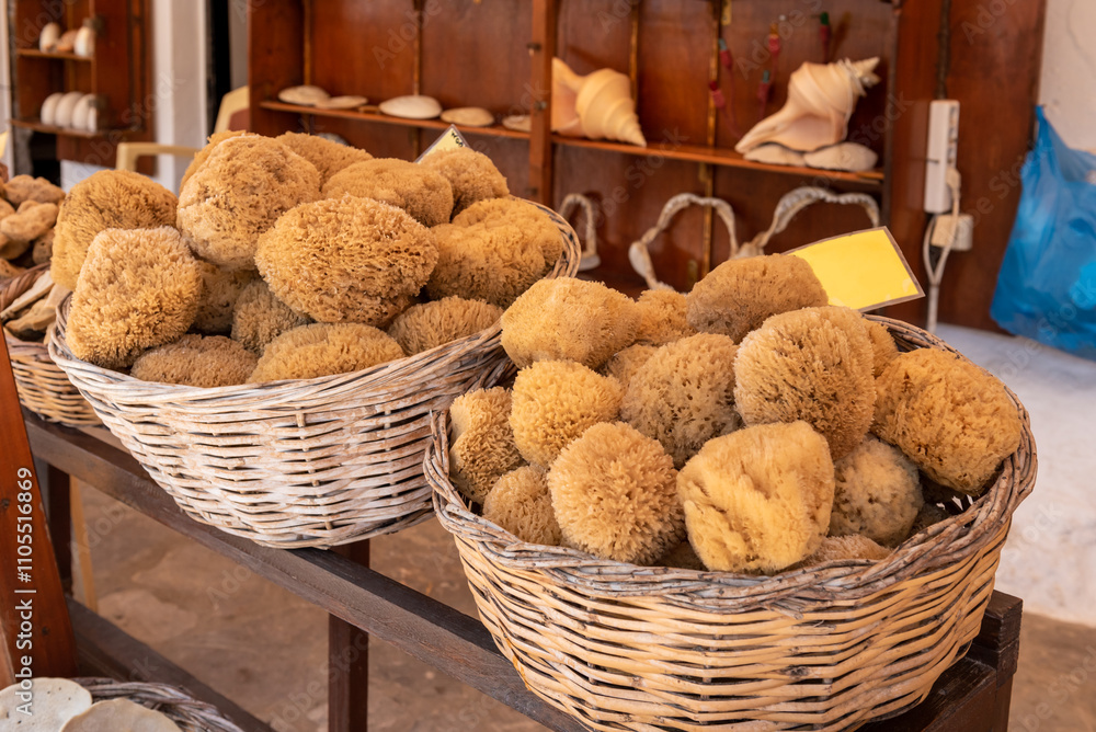 Natural sponges in local market. Symi island. Greece