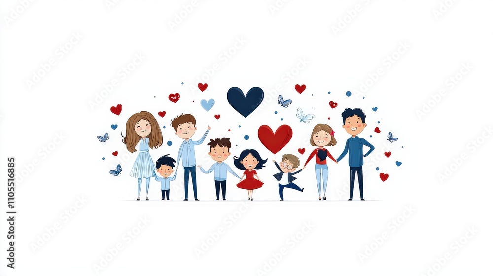Flat-style vector clipart of a diverse family with parents and kids, isolated on a clean white background. Flat-style vector clipart of a diverse family with parents and kids, isolated on a clean white background.