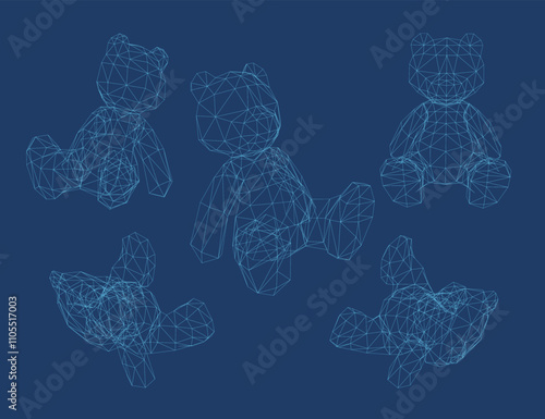 Set of Teddy bear icon vector wireframe. Teddy bear vector design and illustration. Teddy bear wireframe isolated dark background