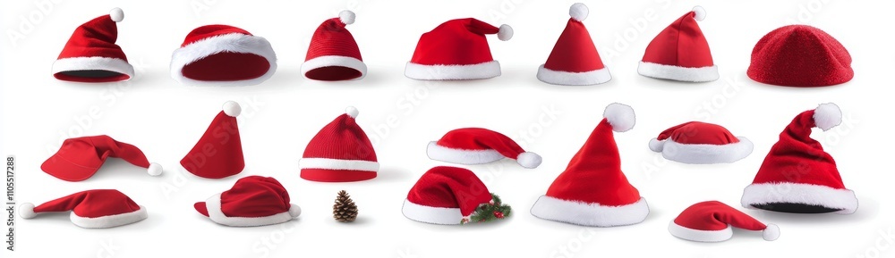 A large collection of red Santa Claus Christmas hats featuring a seasonal design, set against a clean white background. A large collection of red Santa Claus Christmas hats featuring a seasonal design, set against a clean white background.