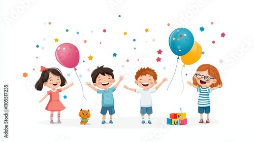 Flat-style vector illustration of a group of children playing with toys, isolated on a white background.