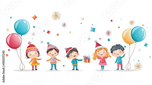 Flat-style vector illustration of a group of children playing with toys, isolated on a white background.