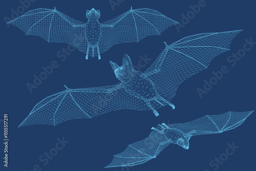 Vector illustration of bat wireframe in different positions made of blue lines isolated on dark background. 3D
