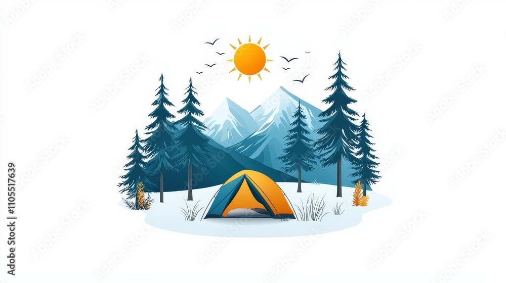 Flat-style vector of a forest camping scene with a tent, trees, and a sleeping bag, isolated on a white background. Flat-style vector of a forest camping scene with a tent, trees, and a sleeping bag, isolated on a white background.