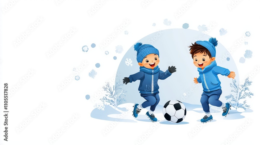 Fototapeta premium Flat-style vector of two children playing outdoors with a soccer ball, isolated on a white background.