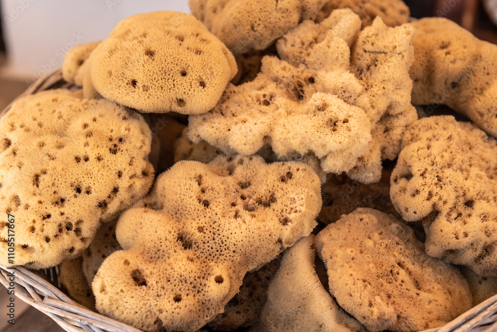 Natural sponges in local market. Symi island. Greece