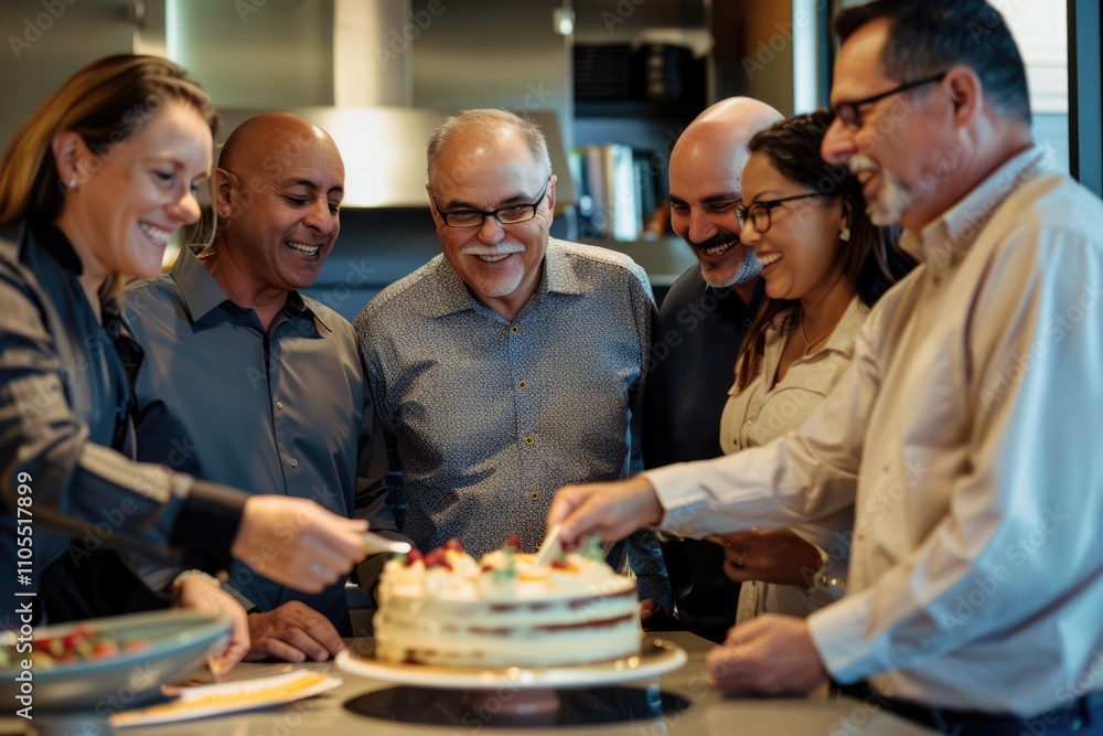 Retirement party. Coworkers gathered around a cake to celebrate a colleague's work anniversary or birthday. Retirement party. Coworkers gathered around a cake to celebrate a colleague's work anniversary or birthday.