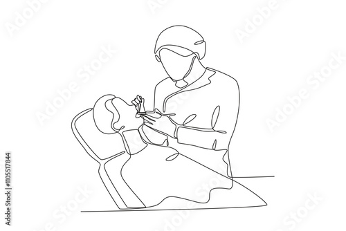 Single continuous line drawing of Dentist repairing patient_s teeth, dental concept.  Dynamic single line draw design graphic vector illustration.