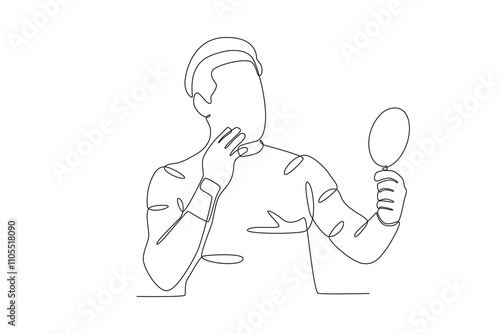Single continuous line drawing of Man looking at his teeth in the glass, dental concept.  Dynamic single line draw design graphic vector illustration.
