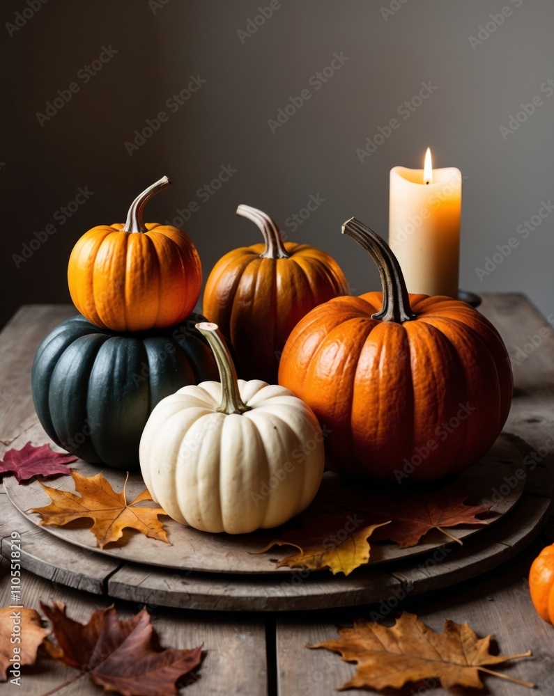 Group of Pumpkins on a Table with candle. Group of Pumpkins on a Table with candle.