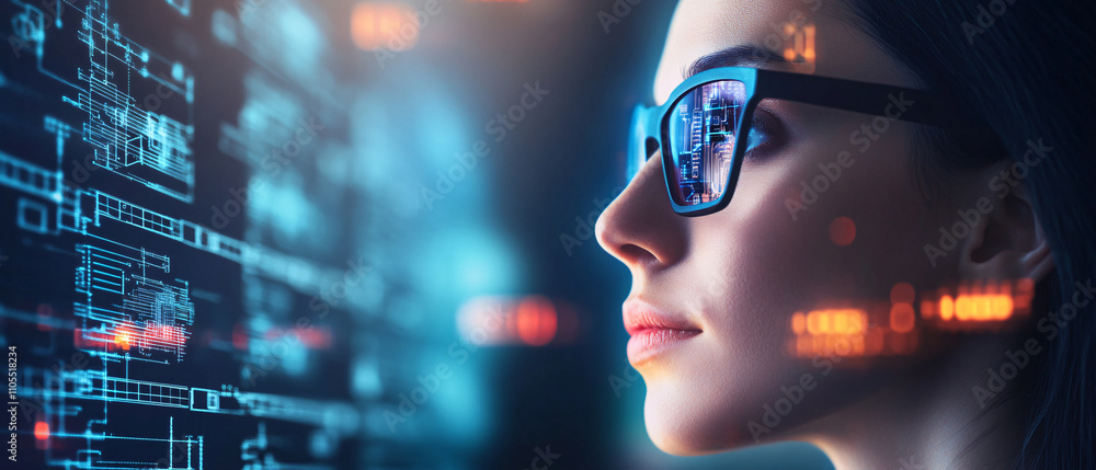 Woman wearing futuristic glasses, viewing digital data stream, technology concept Woman wearing futuristic glasses, viewing digital data stream, technology concept